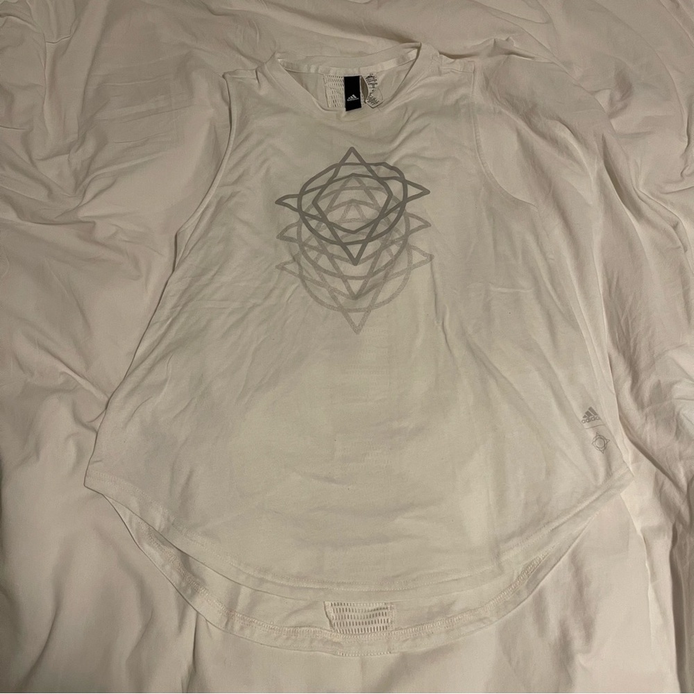 Adidas White Muscle Tee with Gray Geometric Design